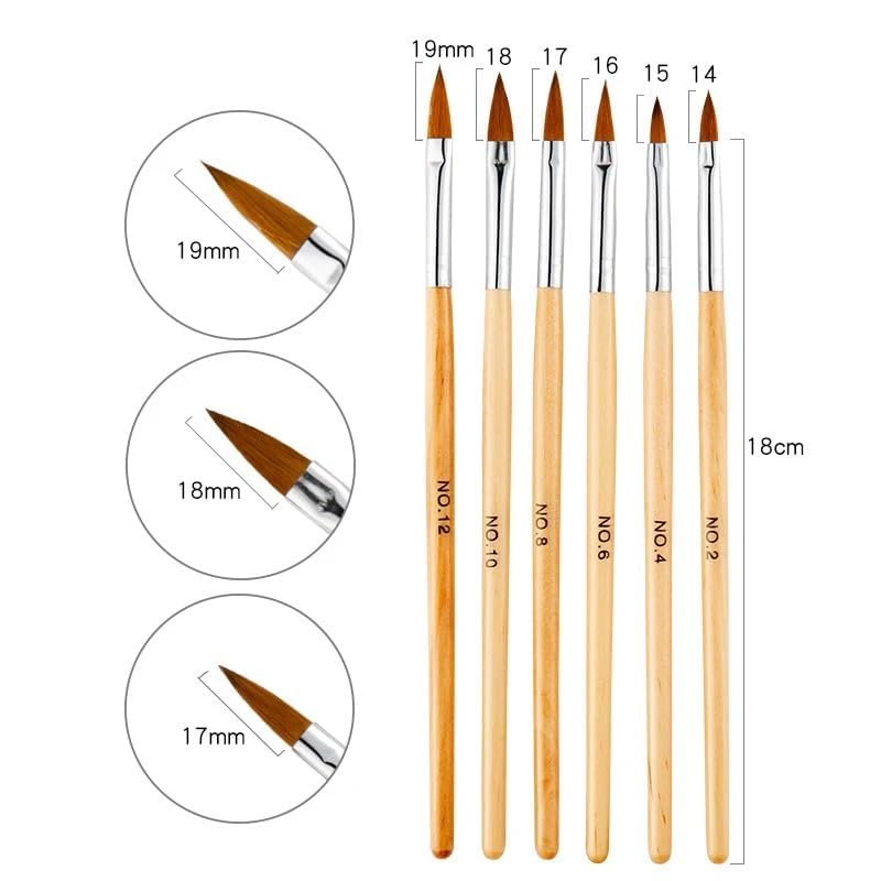 Sevyn Colors Acrylic Nail Brush Set – 6pcs Wooden Handle Kolinsky-Style Brushes for Acrylic Nail Art & Sculpting