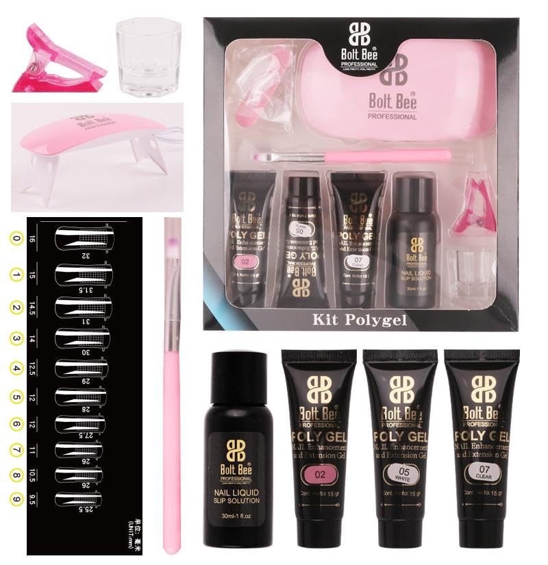 Bolt Bee Poly Gel Nail Extension Kit with LED Lamp – 3 Colors (Clear, White, Pink), Slip Solution, Nail Tips, Dual Forms & Brush – Professional Nail Builder Gel Set for Beginners & Experts