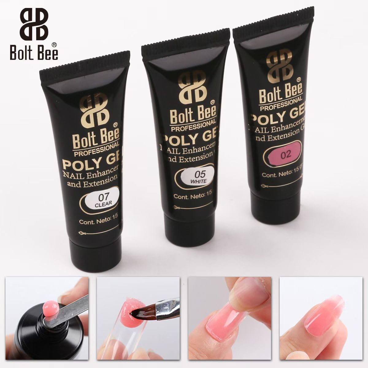 Bolt Bee Poly Gel Nail Extension Kit with LED Lamp – 3 Colors (Clear, White, Pink), Slip Solution, Nail Tips, Dual Forms & Brush – Professional Nail Builder Gel Set for Beginners & Experts