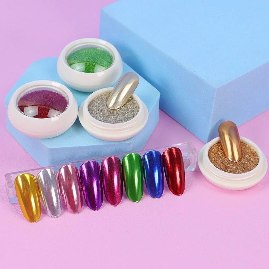 Sevyn Colors Chrome Nail Powder Set  12 Metallic Mirror Chrome Pigments for Nail Art, Gel & Acrylic Nails