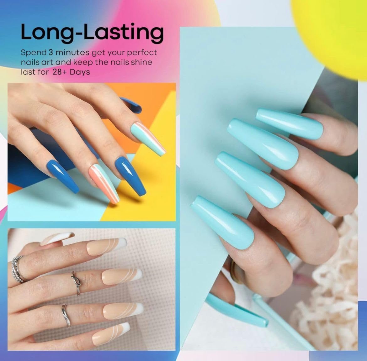 BOLT BEE Gel Nail Polish Kit – Set of 6 Summer Colors | Navy Blue, Mint Green, Neon Yellow, Pink, Nude | Soak-Off UV/LED Gel, 15ml Each