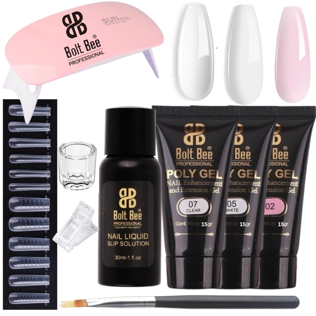 Bolt Bee Poly Gel Nail Extension Kit with LED Lamp – 3 Colors (Clear, White, Pink), Slip Solution, Nail Tips, Dual Forms & Brush – Professional Nail Builder Gel Set for Beginners & Experts