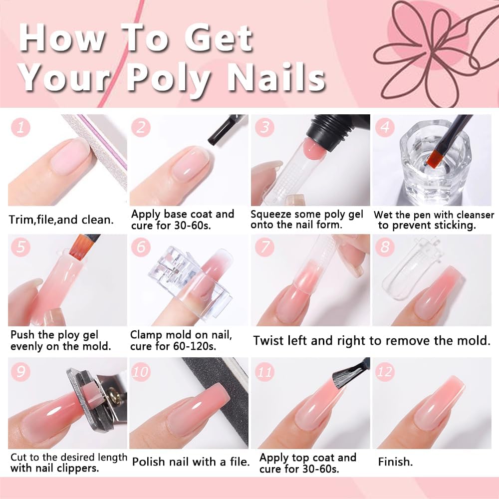 Bolt Bee Poly Gel Nail Extension Kit with LED Lamp – 3 Colors (Clear, White, Pink), Slip Solution, Nail Tips, Dual Forms & Brush – Professional Nail Builder Gel Set for Beginners & Experts