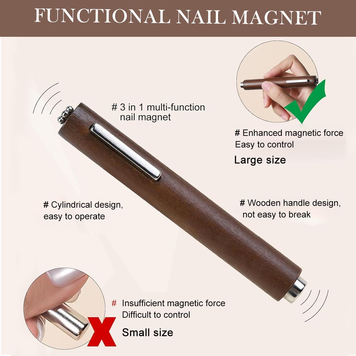 Sevyn Colors 3 in 1 Magnetic Cat Eye Nail Art Wand  Premium Wood Handle Magnet Stick for 3D Cat Eye & Flower Designs