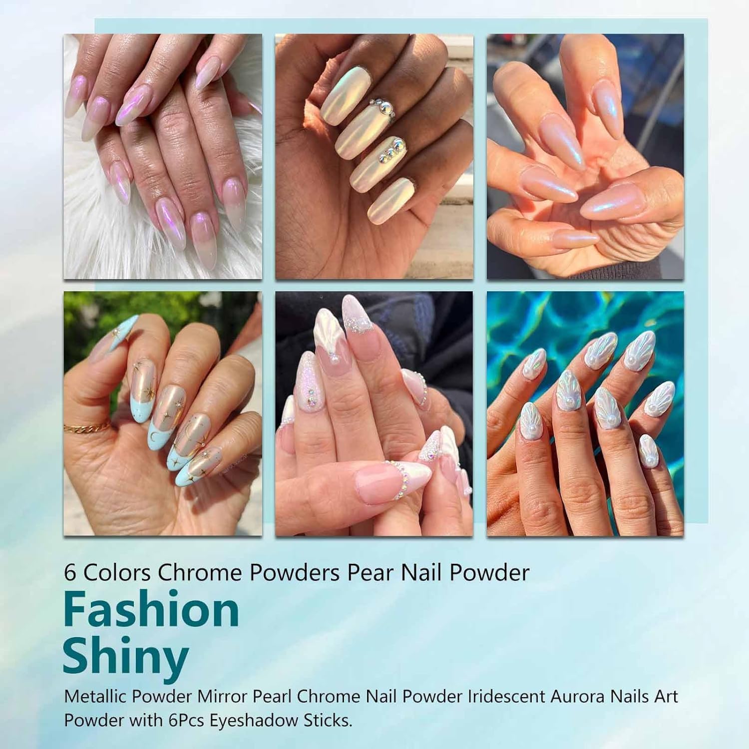 Sevyn Colors Aurora Chrome Mirror Pearl Powder Set – 6 Colors Iridescent Nail Art Pigment