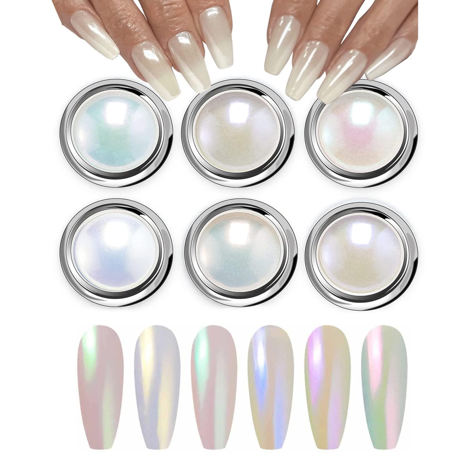 Sevyn Colors Aurora Chrome Mirror Pearl Powder Set – 6 Colors Iridescent Nail Art Pigment