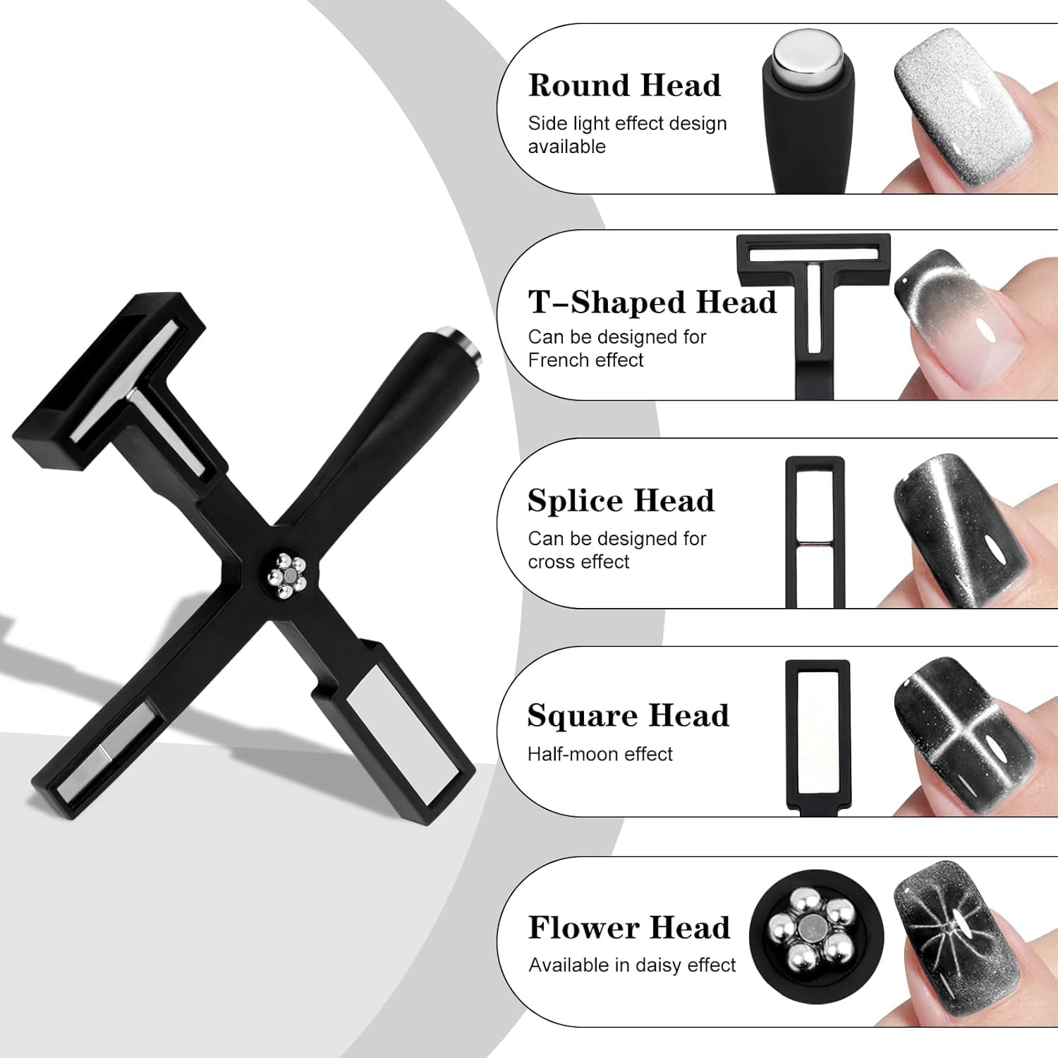 SEVYN COLORS 6 in 1 Nail Art Magnet Stick – Magnetic Design Tool for Cat Eye Gel Polish (French, Heart, Daisy, Bevel, Cross, Side Suction Effects)