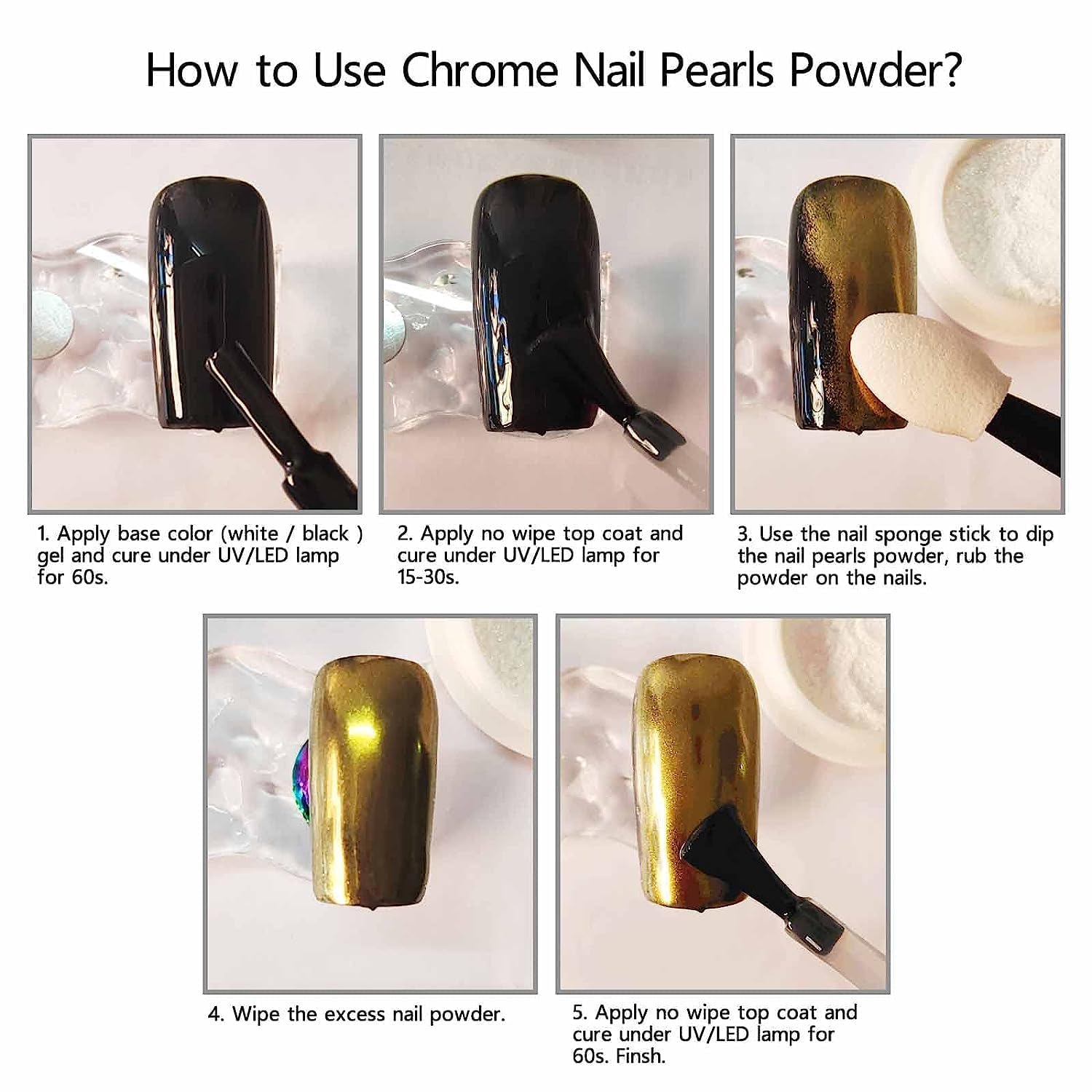 Sevyn Colors Aurora Chrome Mirror Pearl Powder Set – 6 Colors Iridescent Nail Art Pigment