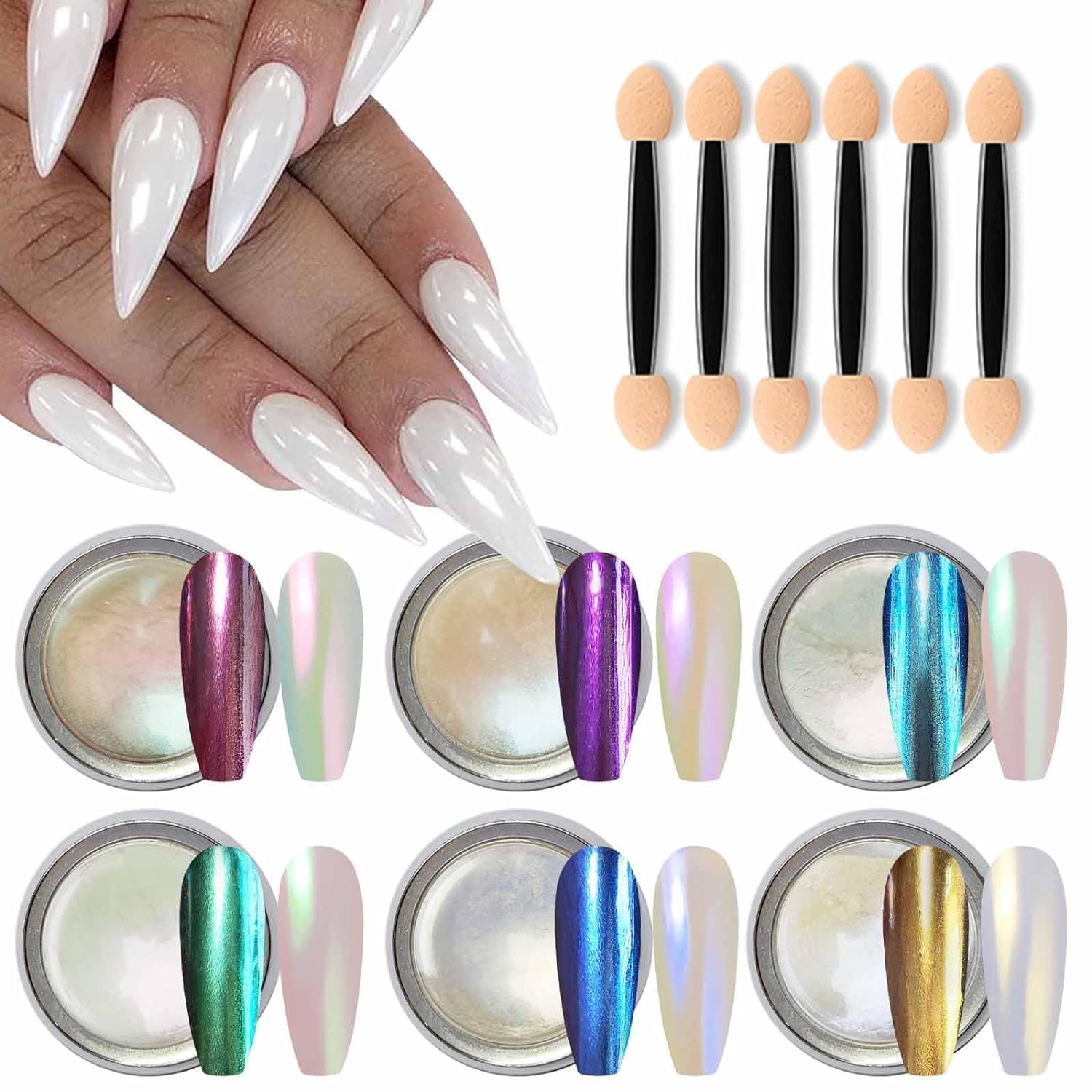 Sevyn Colors Aurora Chrome Mirror Pearl Powder Set – 6 Colors Iridescent Nail Art Pigment