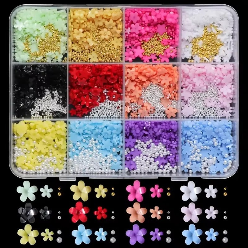 Sevyn Colors 3D Resin Flower & Pearl Nail Art Charms Kit - 12 Colors | Kawaii DIY Manicure Supplies